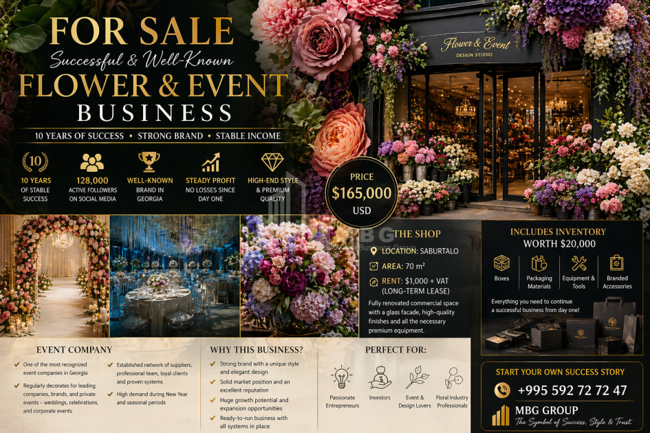 Business/Investment for Sale Flower shop Commercial In the Saburtalo District