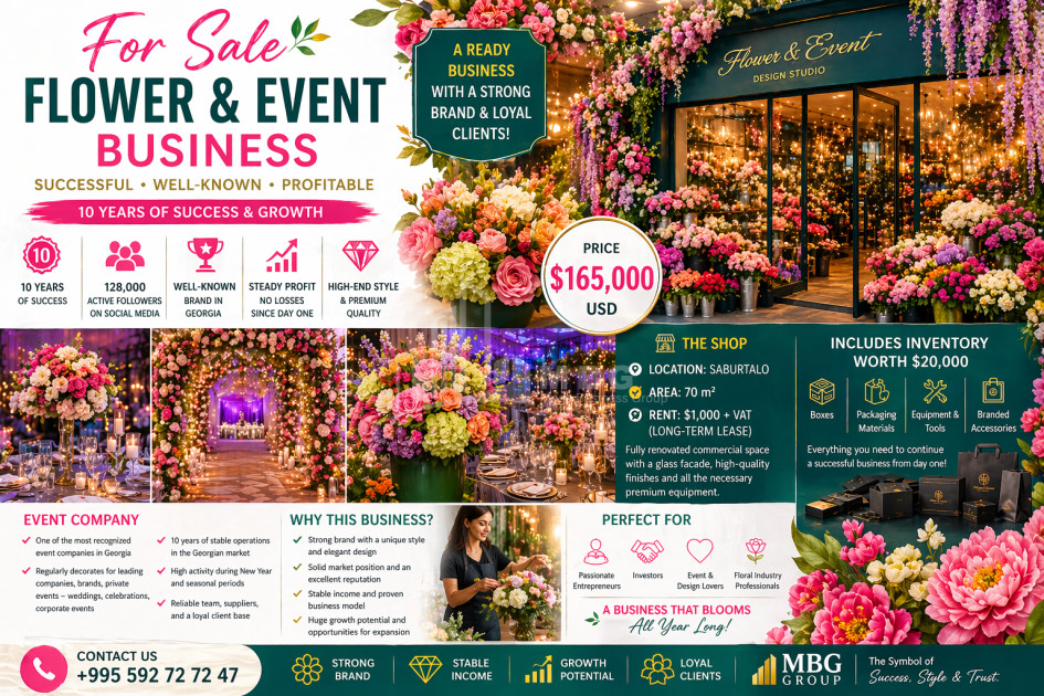 Business/Investment for Sale Flower shop Commercial In the Saburtalo District